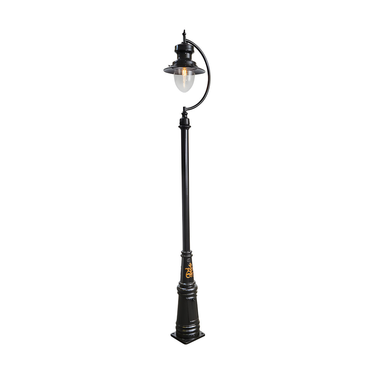 Tall black cast iron lamp post with a curved gooseneck arm holding a spun teardrop shade over a clear glass dome, on a plain white background.