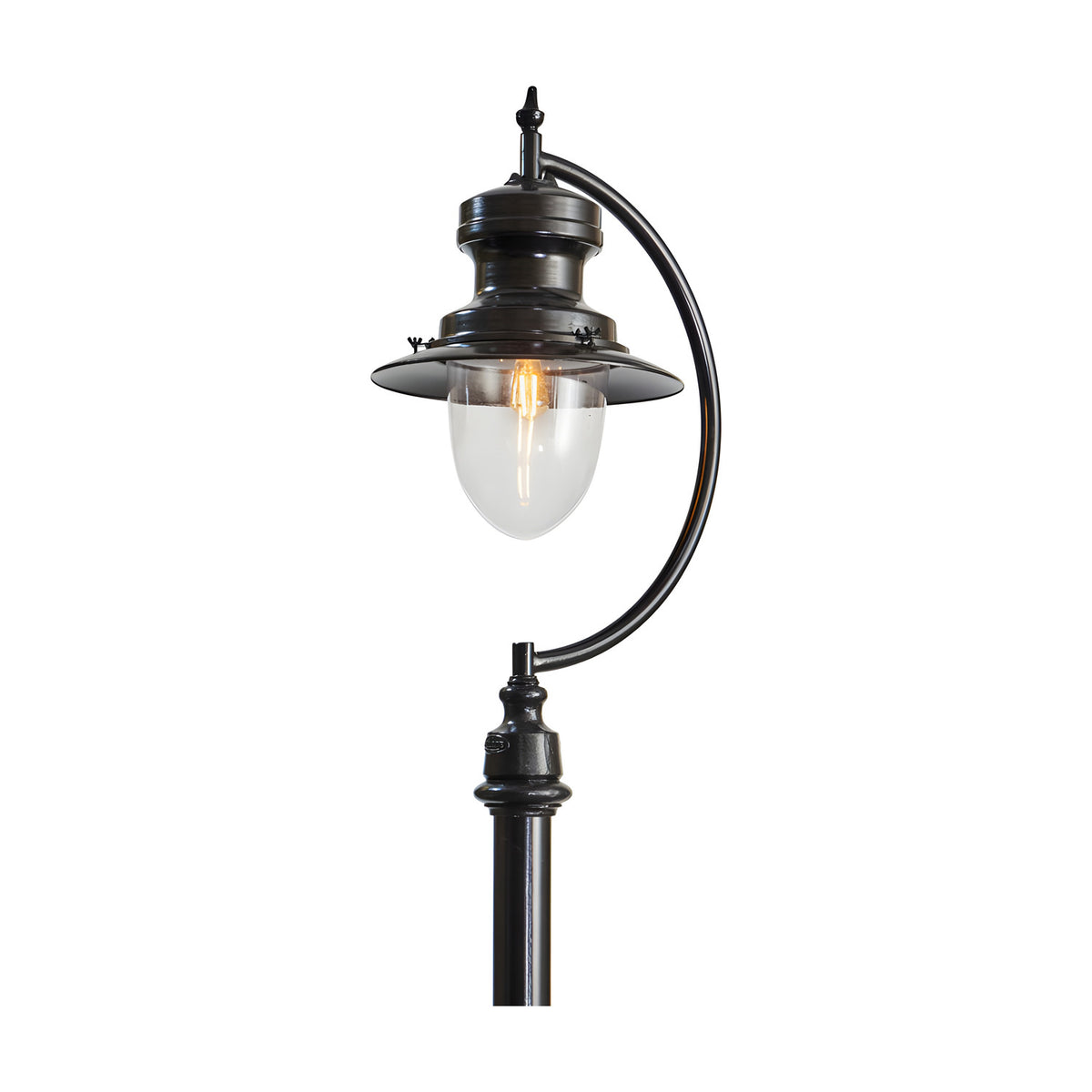 Black cast iron lamp post, 3.7m, with curved gooseneck arm, teardrop metal shade over clear glass dome and visible bulb, on slender post, shown against a plain white background.