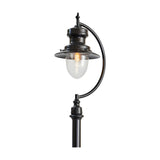 Black cast iron lamp post, 3.7m, with curved gooseneck arm, teardrop metal shade over clear glass dome and visible bulb, on slender post, shown against a plain white background.