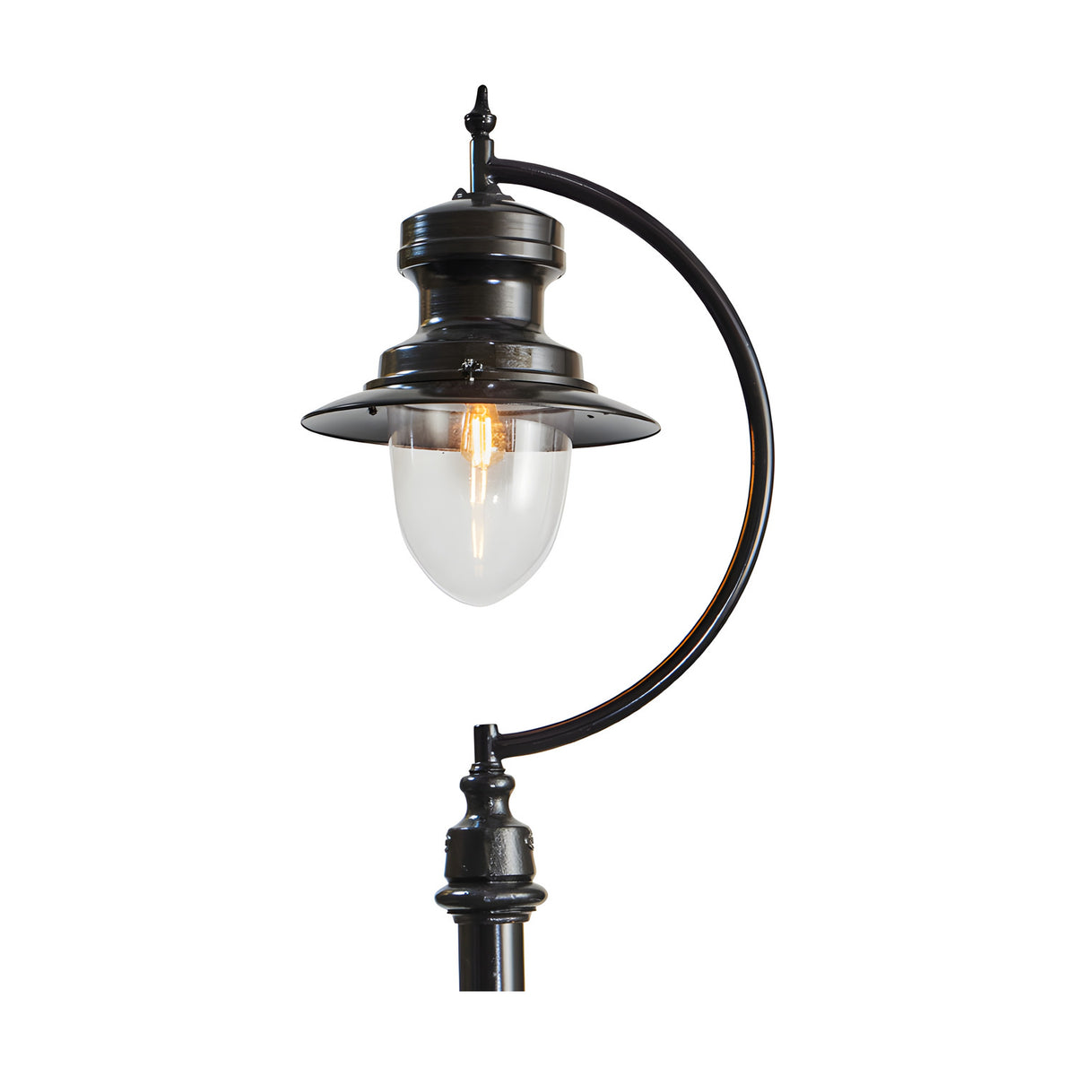 Vintage Cast Iron Lamp Post 3.7m in black, showing the curved goose-neck arm, teardrop shade, clear glass dome and single E27 bulb against a plain white background.