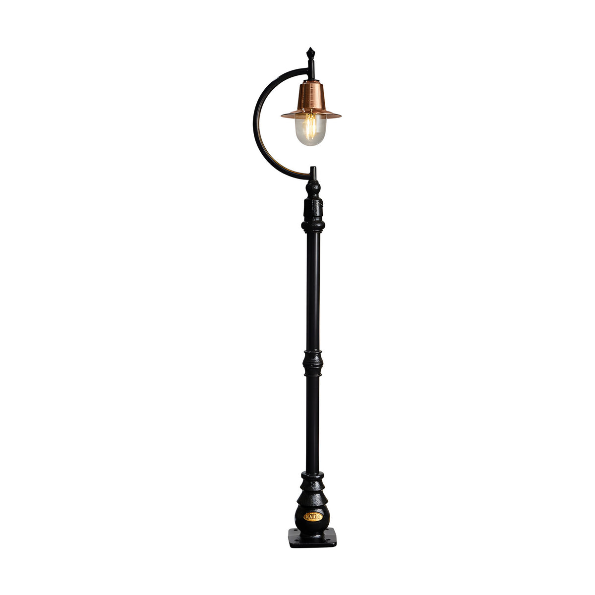 Vintage cast iron lamp post, 1.5m, with a curved gooseneck arm holding a copper teardrop shade over a clear glass dome, black metal pole on a square base, plain white background.