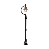 Vintage cast iron lamp post, 1.5m, with a curved gooseneck arm holding a copper teardrop shade over a clear glass dome, black metal pole on a square base, plain white background.