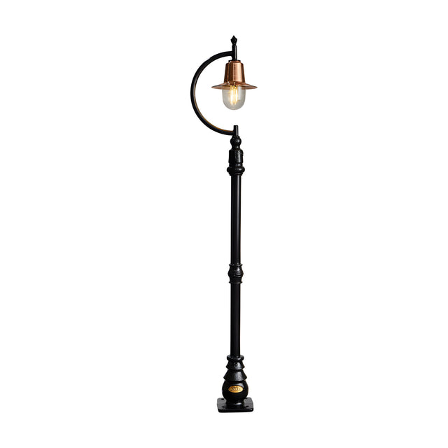 Vintage cast iron lamp post, 1.5m, with a curved gooseneck arm holding a copper teardrop shade over a clear glass dome, black metal pole on a square base, plain white background.