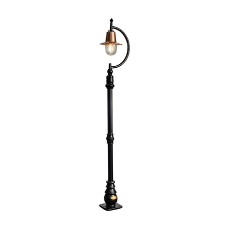 Traditional 1.5m cast iron lamp post with curved gooseneck arm, copper teardrop shade, clear glass dome, and black metal pole on square base, shown against a plain white background.