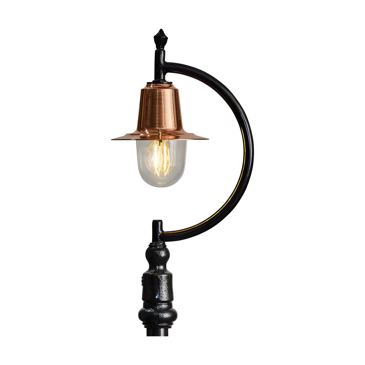 Vintage cast iron lamp post with a curved gooseneck arm and copper teardrop shade over a clear glass dome, shown on a plain white background.