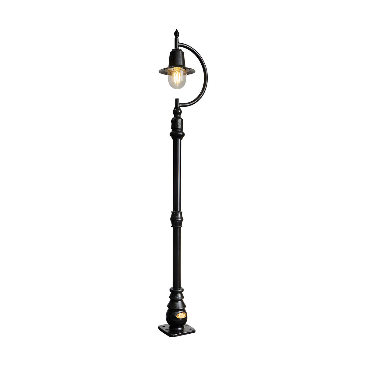 Black cast iron 1.5m lamp post with curved goose neck arm, teardrop shade, clear glass dome, fluted post, and square base plate, shown on white background.