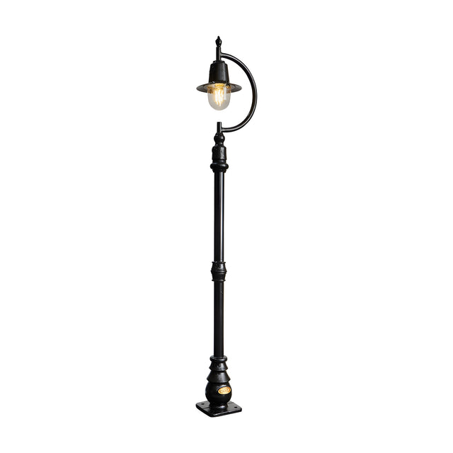 Black cast iron 1.5m lamp post with curved goose neck arm, teardrop shade, clear glass dome, fluted post, and square base plate, shown on white background.