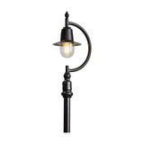 Vintage Cast Iron Lamp Post 1.5m in black, Goose Neck style with curved arm, teardrop shade over clear glass dome and lit bulb, on a plain white background.