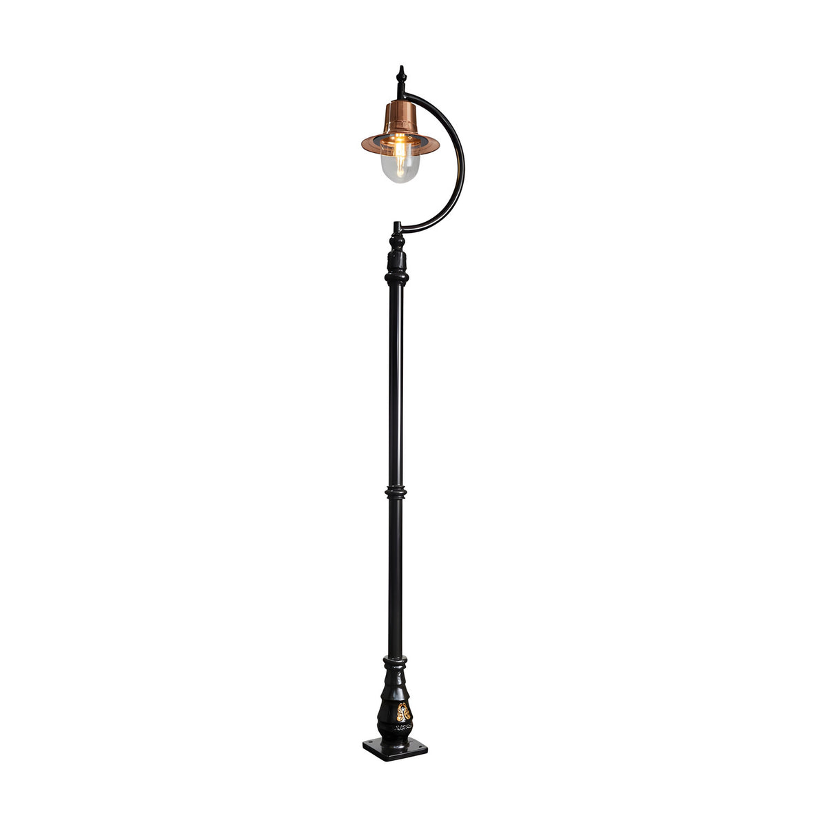 Vintage cast iron lamp post, 2.8m tall, with a curved goose-neck arm holding a copper teardrop shade over a clear glass dome, black finish, on a plain white background.