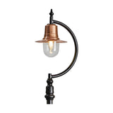 Vintage Cast Iron Lamp Post with curved black gooseneck arm, copper teardrop shade over a clear glass dome and lit bulb, ornate black base, on a plain white background.