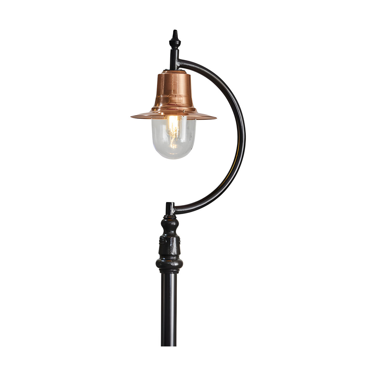 Vintage cast iron lamp post, 2.8m, with a curved gooseneck arm, copper teardrop shade over a clear glass dome and lit bulb, on a plain white background.