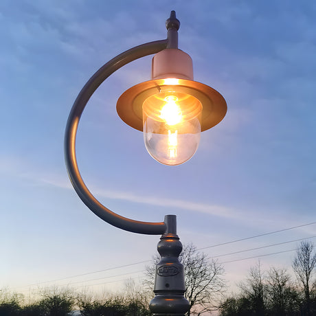 Vintage cast iron lamp post with a curved goose neck arm and copper teardrop shade over a clear glass dome, lit outdoors against a dusk sky.