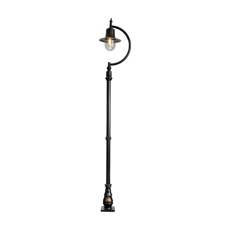 Vintage Cast Iron Lamp Post 2.8m in black, with a curved goose-neck arm holding a single teardrop shade over a clear glass dome, set on a decorative base plate against a plain white background.