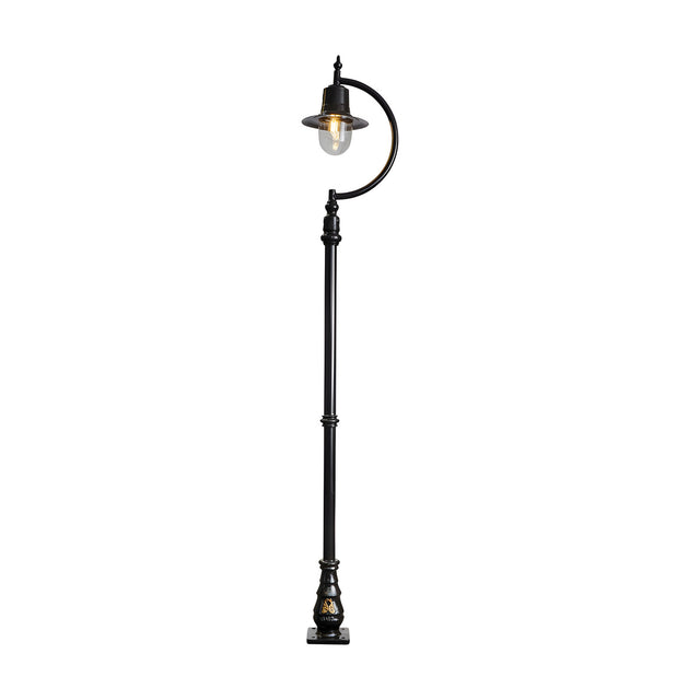 Vintage Cast Iron Lamp Post 2.8m in black, with a curved goose-neck arm holding a single teardrop shade over a clear glass dome, set on a decorative base plate against a plain white background.