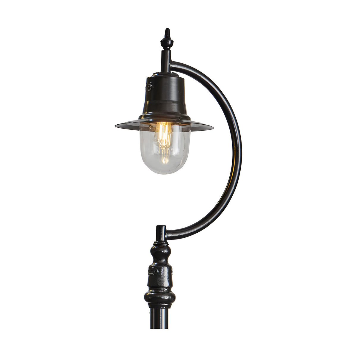 Vintage Cast Iron Lamp Post 2.8m in black, Goose Neck style with curved arm, teardrop shade over clear glass dome and lit bulb, traditional finial top, shown on a plain white background.