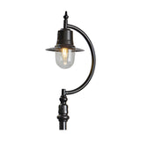Vintage Cast Iron Lamp Post 2.8m in black, Goose Neck style with curved arm, teardrop shade over clear glass dome and lit bulb, traditional finial top, shown on a plain white background.