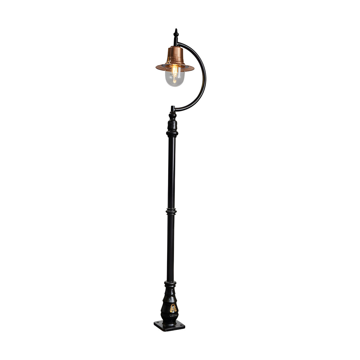 Vintage 2.5m cast iron lamp post with curved goose neck arm, copper teardrop shade over a clear glass dome, black metal pole on a square base, set against a plain white background.