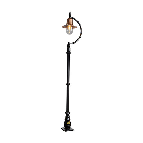 Vintage 2.5m cast iron lamp post with curved goose neck arm, copper teardrop shade over a clear glass dome, black metal pole on a square base, set against a plain white background.