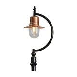 Vintage cast iron lamp post with black gooseneck curve, copper teardrop shade, clear glass dome and lit bulb, ornate base detail, on a plain white background.