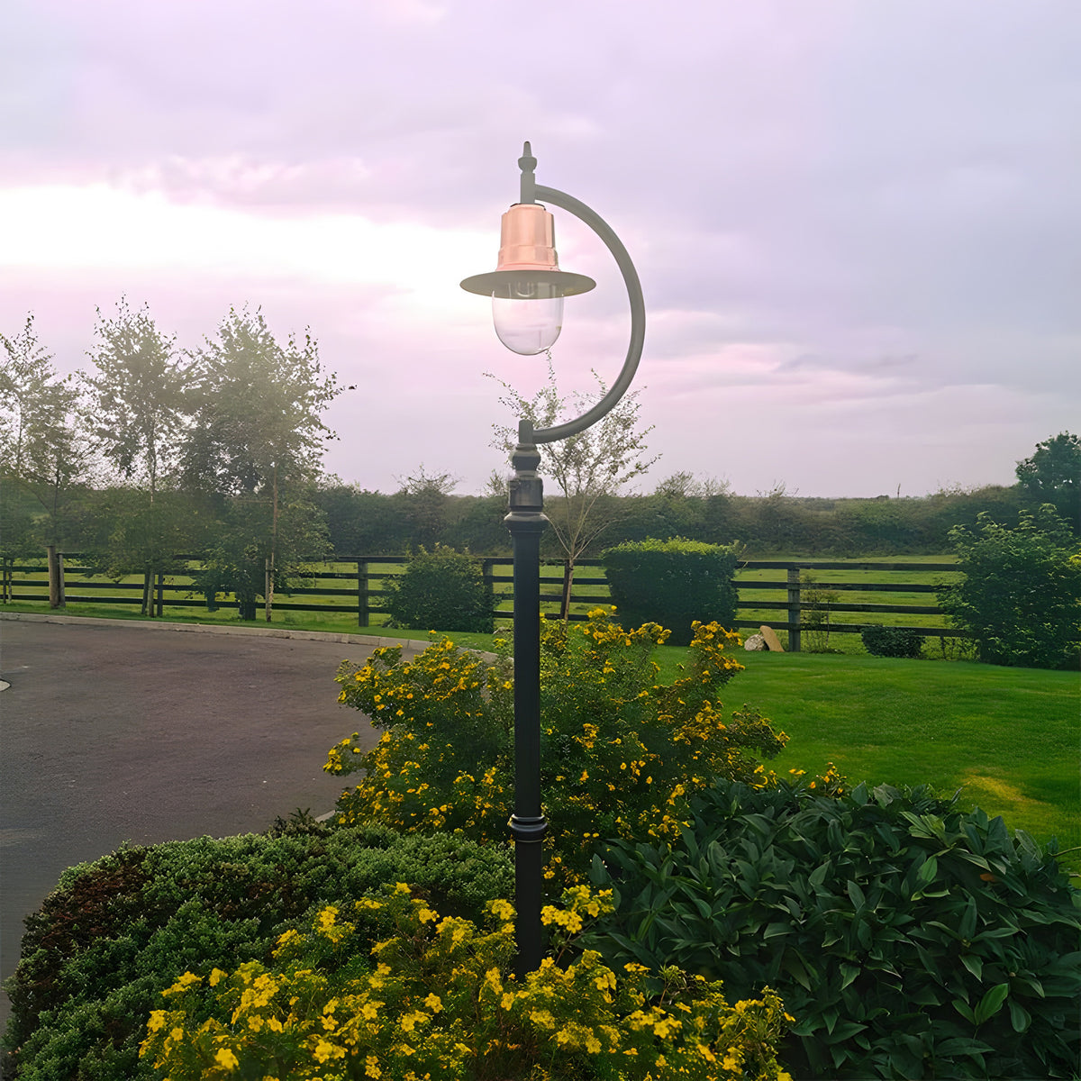 Vintage Cast Iron Lamp Post 2.5m with curved gooseneck arm, copper teardrop shade and clear glass dome, installed in a garden setting beside flowering shrubs.