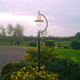 Vintage Cast Iron Lamp Post 2.5m with curved gooseneck arm, copper teardrop shade and clear glass dome, installed in a garden setting beside flowering shrubs.