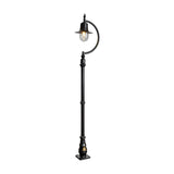 Vintage Cast Iron Lamp Post 2.5m in black with a gooseneck curve arm, teardrop shade, and clear glass dome over a single bulb, mounted on a decorative base plate against a plain white background.