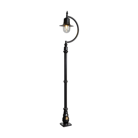 Vintage Cast Iron Lamp Post 2.5m in black with a gooseneck curve arm, teardrop shade, and clear glass dome over a single bulb, mounted on a decorative base plate against a plain white background.