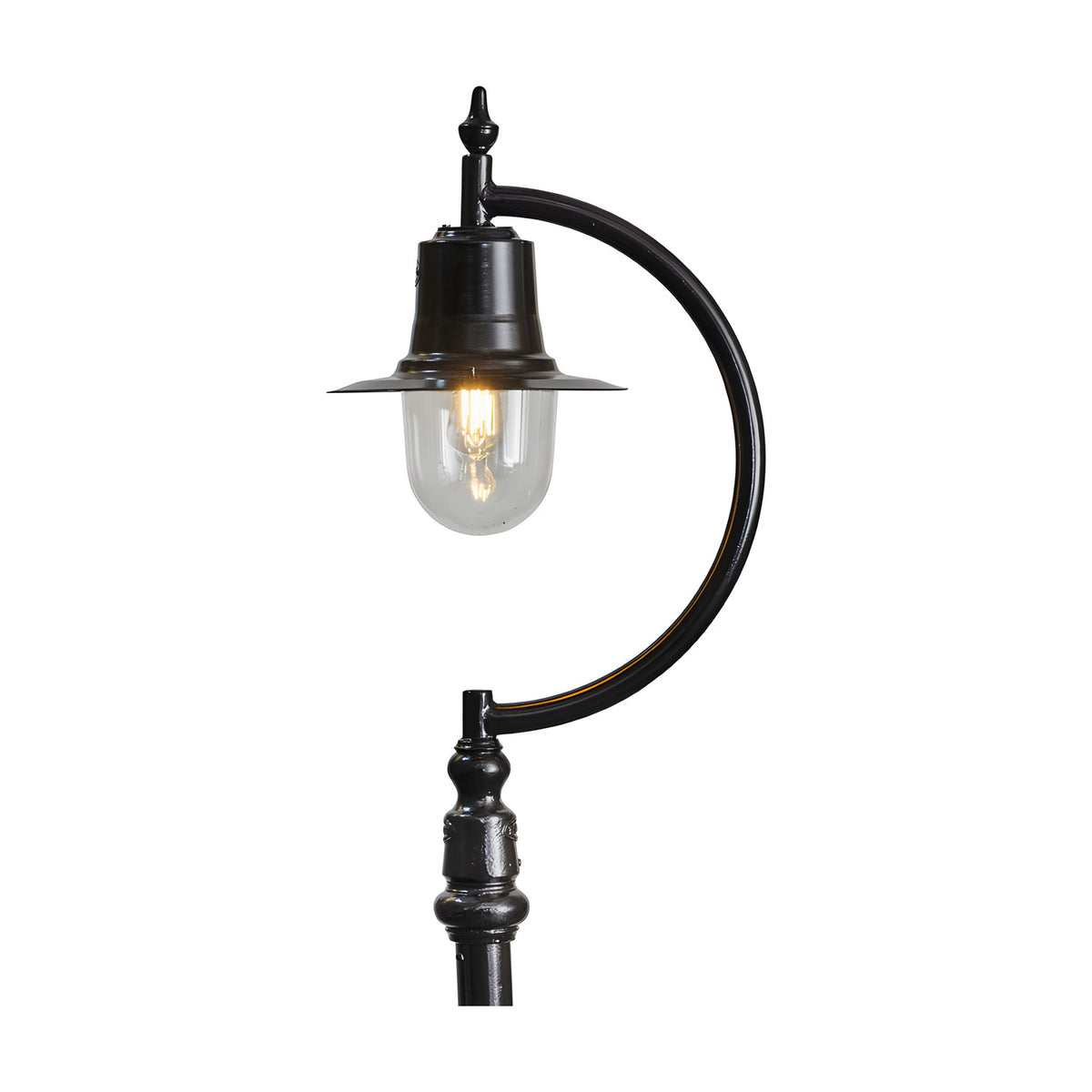 Vintage Cast Iron Lamp Post 2.5m in black with a curved gooseneck arm, teardrop finial, spun shade over a clear glass dome and ornate iron base, shown against a plain white background.