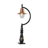 Large Vintage Cast Iron Pedestal Post Light with a curved black goose-neck arm, copper teardrop shade, and clear glass globe on a turned black cast iron base, shown on a plain white background.