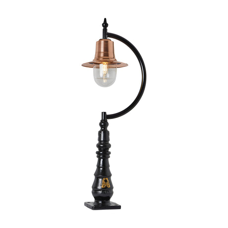 Large Vintage Cast Iron Pedestal Post Light with a curved black goose-neck arm, copper teardrop shade, and clear glass globe on a turned black cast iron base, shown on a plain white background.