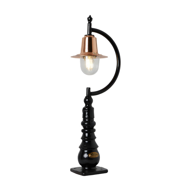 Small Vintage Cast Iron Pedestal Post Light with curved black gooseneck arm, copper teardrop shade, clear glass dome and square base, shown on a plain white background.