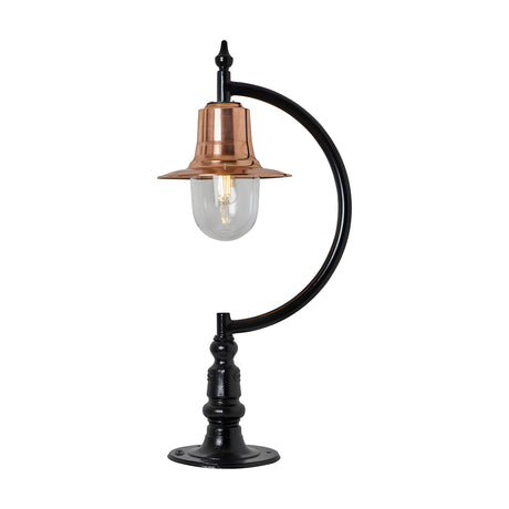 Large Vintage Pillar Light for Flat Piers with curved black gooseneck post, copper teardrop shade over clear glass dome, on black base, plain white background.