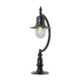 Large Vintage Cast Iron Pillar Light for flat piers in black, with curved goose neck arm, teardrop-shaped shade, clear glass dome and visible bulb, on a plain white background.