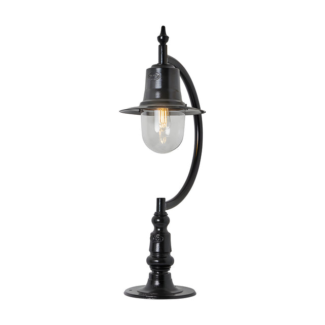 Large Vintage Cast Iron Pillar Light for flat piers in black, with curved goose neck arm, teardrop-shaped shade, clear glass dome and visible bulb, on a plain white background.