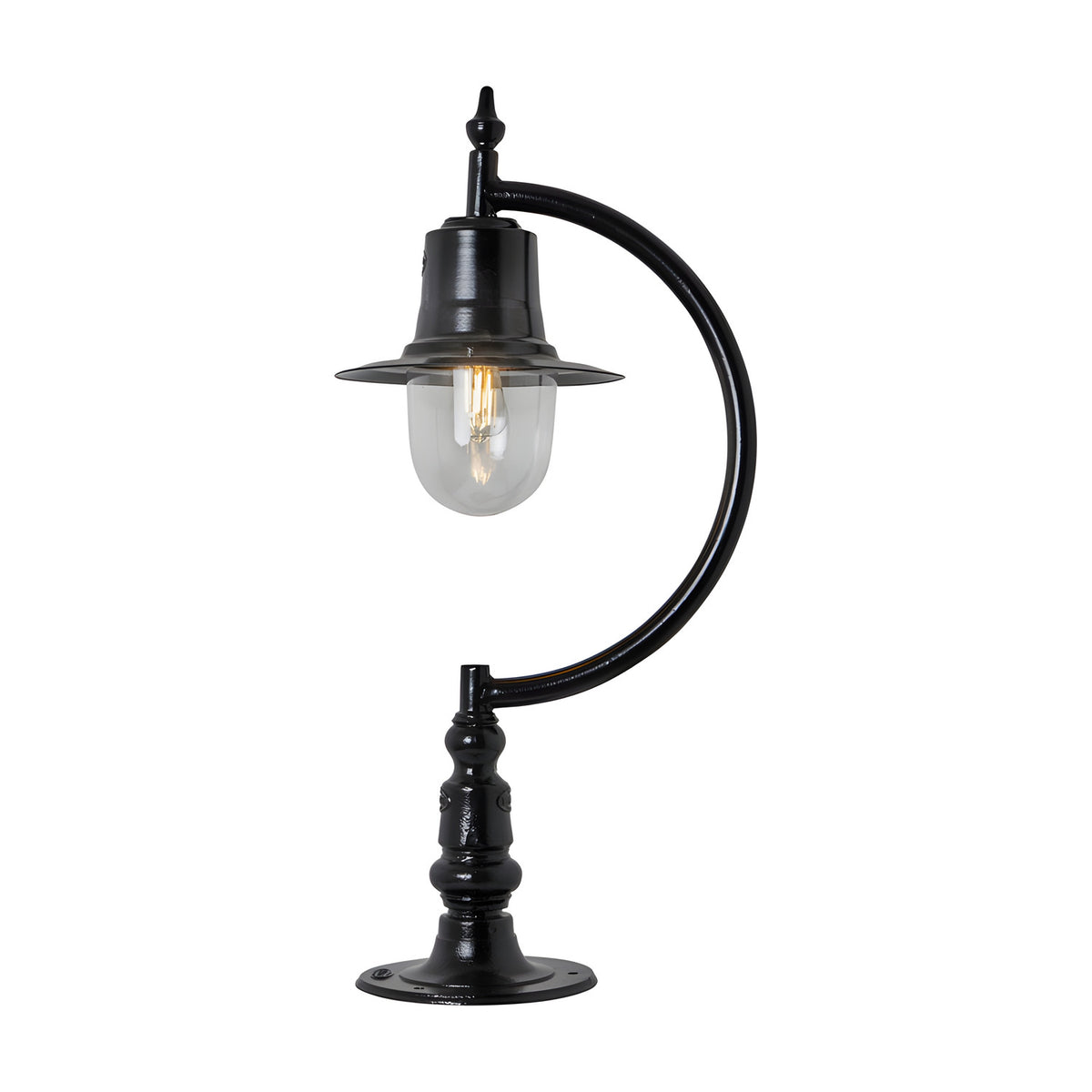 Large vintage cast iron pillar light in black with a curved gooseneck arm, teardrop shade over a clear glass dome and pier cap base, shown on a plain white background.