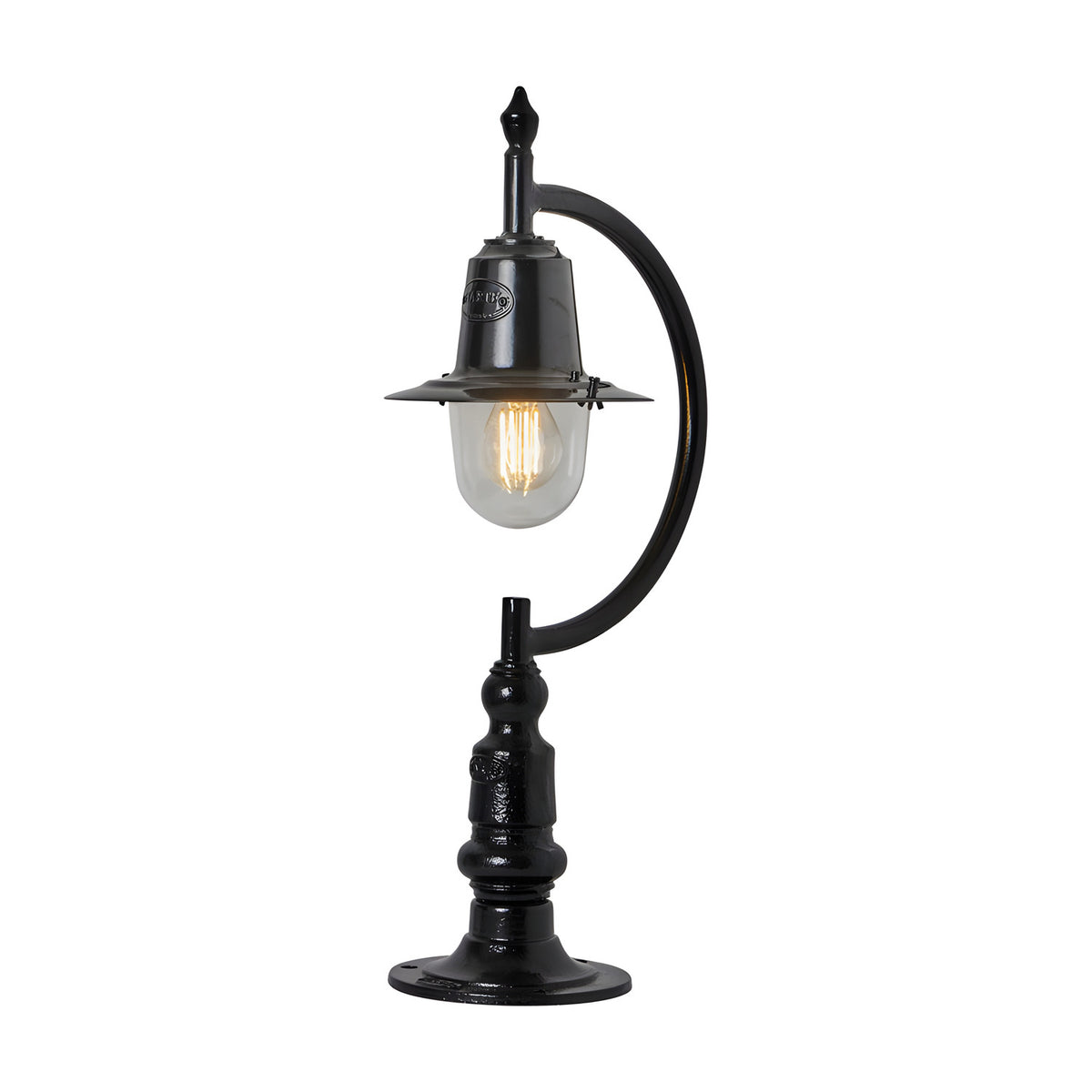 Small Vintage Cast Iron Pillar Light for Flat Piers in black, featuring a curved goose neck arm, teardrop shade over a clear glass dome, and pillar base, shown on a plain white background.