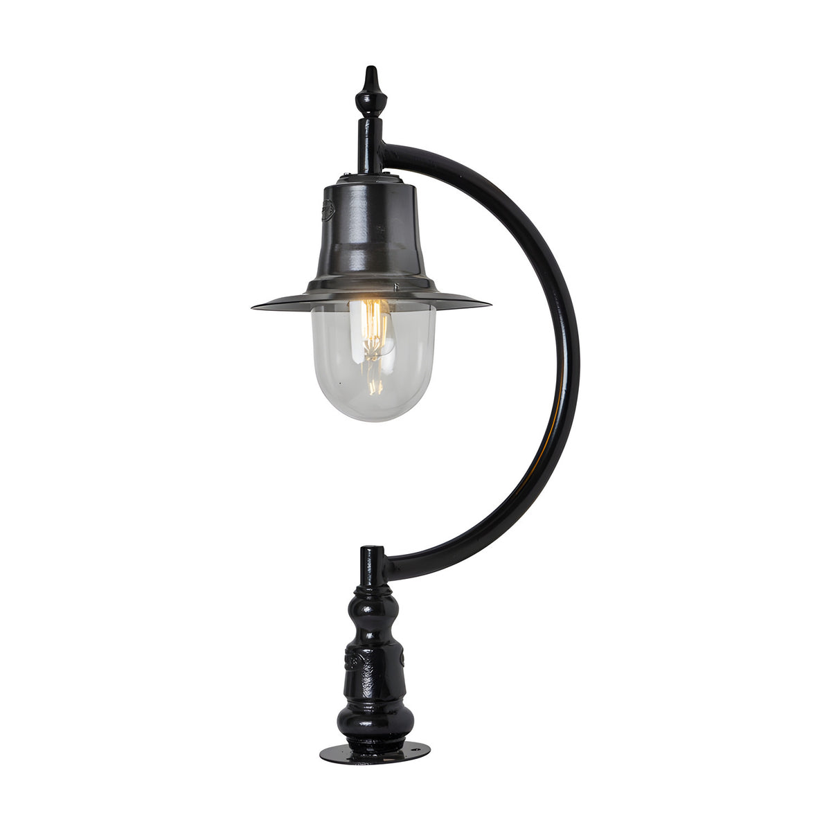 Large Vintage Cast Iron Pillar Light for Narrow Piers in black, featuring a curved goose-neck arm, teardrop finial, and spun shade over a clear glass dome, shown on a plain white background.