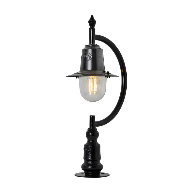 Small Vintage Cast Iron Pillar Light with curved goose-neck arm, black finish, teardrop shade over glass dome and cast base, shown on a plain white background.