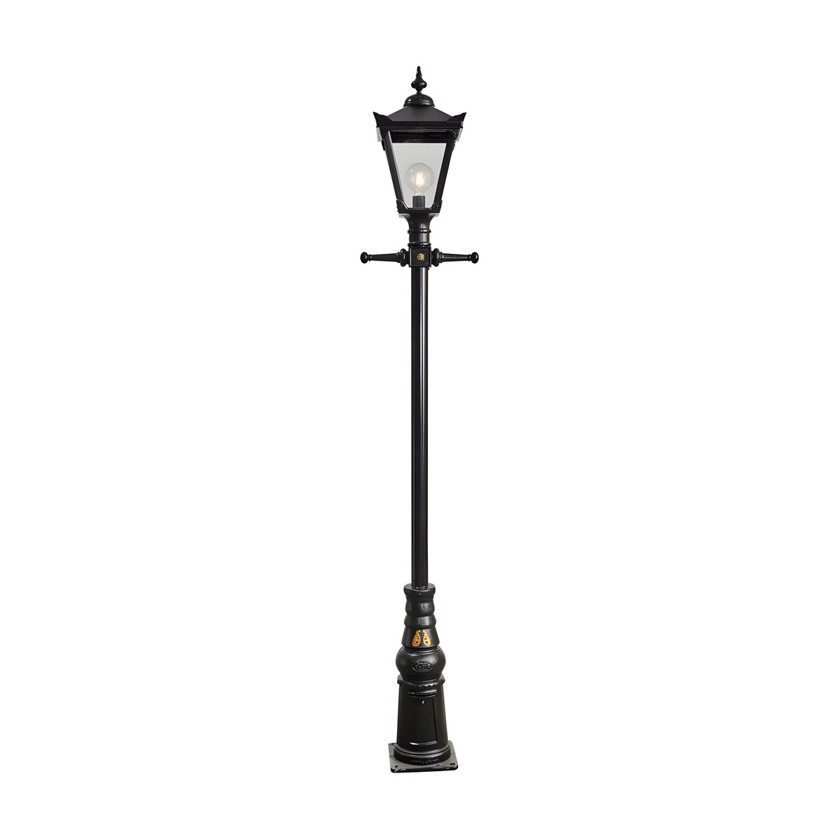 Victorian Manor Cast Iron Lamp Post in black, 3m tall with a slim column, decorative scroll bracket, lantern head with glass panels, and a moulded base, shown on a plain white background.