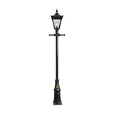 Victorian Manor Cast Iron Lamp Post in black, 3m tall with a slim column, decorative scroll bracket, lantern head with glass panels, and a moulded base, shown on a plain white background.