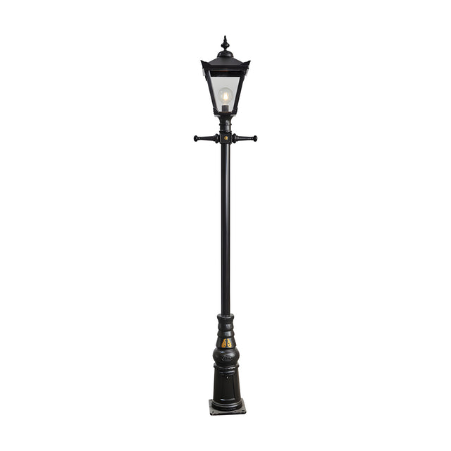 Victorian Manor Cast Iron Lamp Post in black, 3m tall with a slim column, decorative scroll bracket, lantern head with glass panels, and a moulded base, shown on a plain white background.