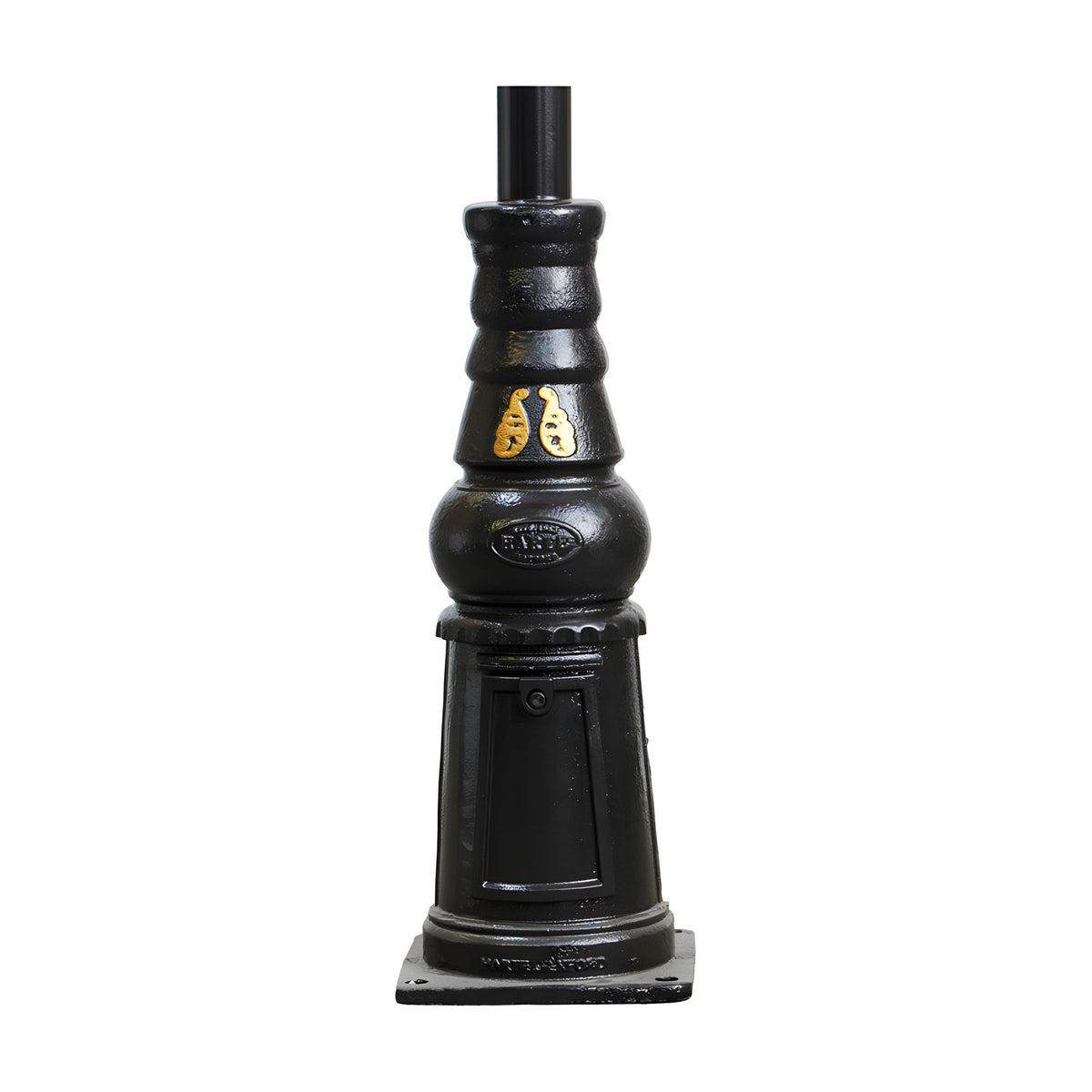 Victorian Manor 3m cast iron lamp post base in black, traditional turned column with decorative crest and square plinth, shown on a plain white background.