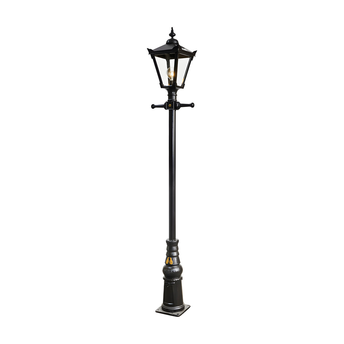 Victorian Manor Cast Iron Lamp Post in black, 3m tall with a slim column, ornate lantern head, single glass-panelled light and decorative base, shown on a plain white background.