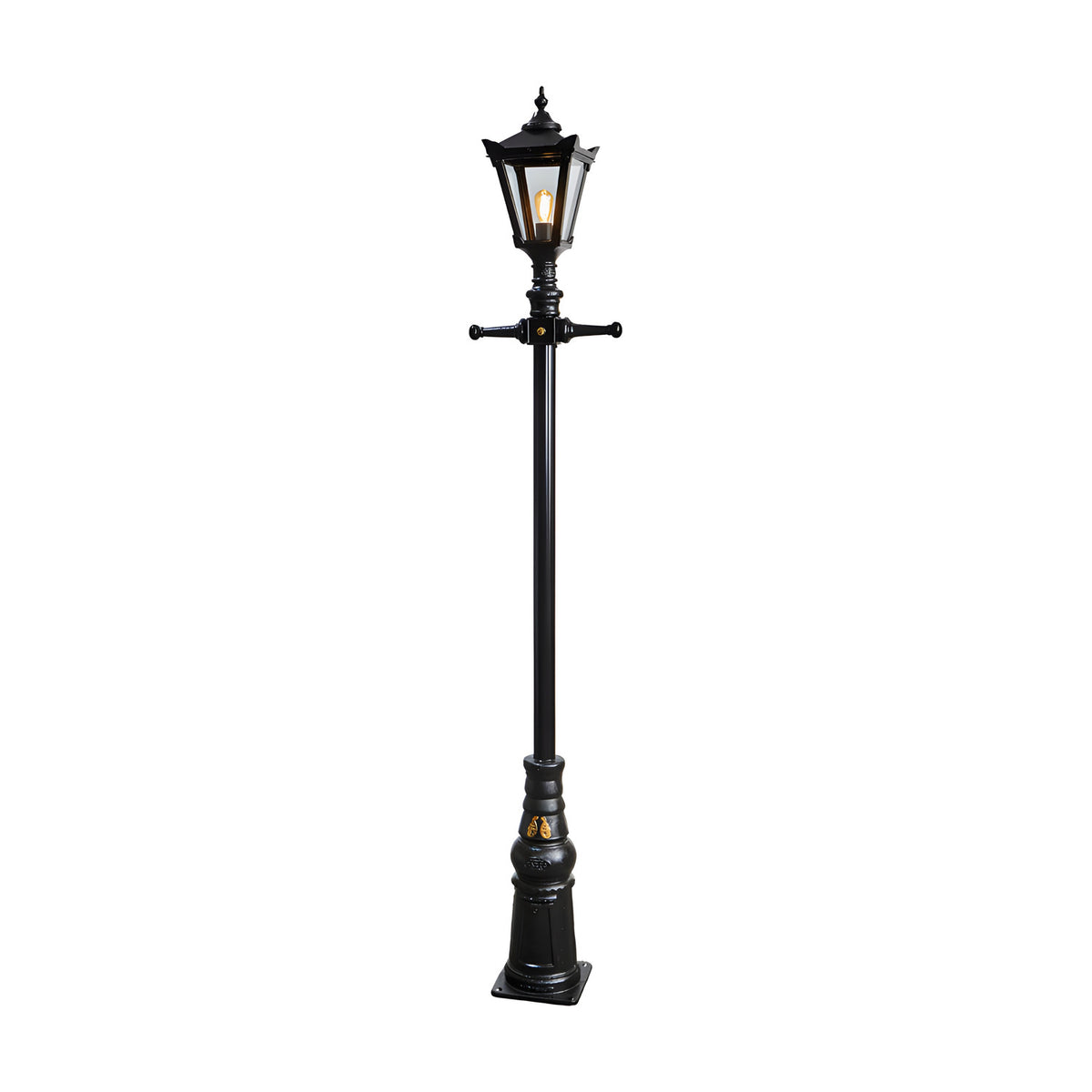 Victorian Manor cast iron lamp post in black, 2.9m tall with a slim column, decorative base, and single lantern head with clear polycarbonate panels, shown against a plain white background.