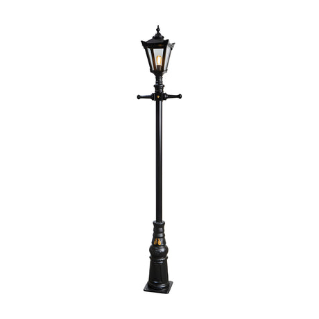 Victorian Manor cast iron lamp post in black, 2.9m tall with a slim column, decorative base, and single lantern head with clear polycarbonate panels, shown against a plain white background.