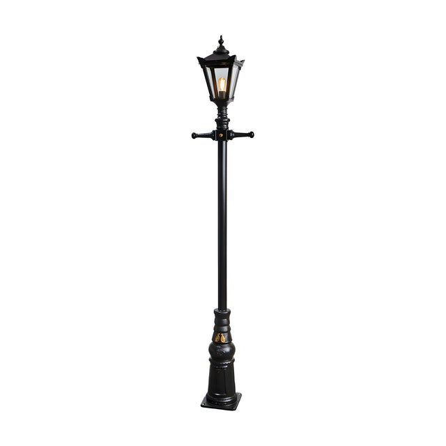 Victorian Manor cast iron lamp post in black, 2.9m tall with a slim column, decorative base, and single lantern head with clear polycarbonate panels, shown against a plain white background.