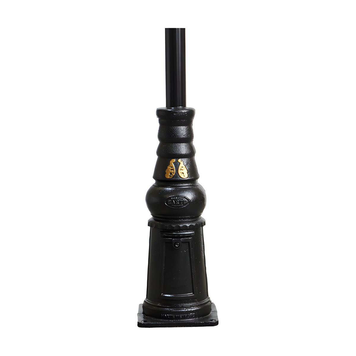 Victorian Manor Cast Iron Lamp Post 2.9m in black, showing a slim decorative column base with gold detailing and square mounting plate on a plain white background.