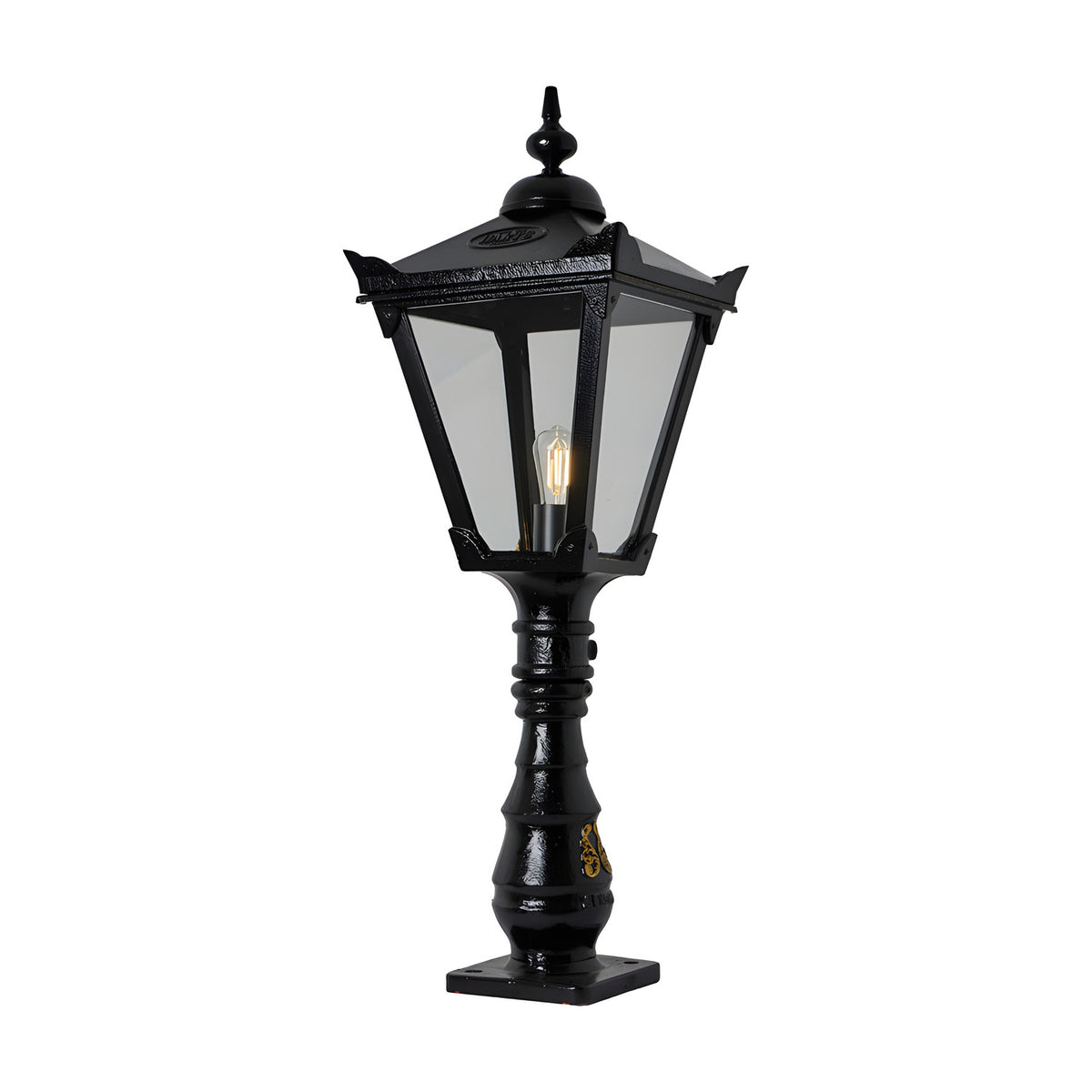 Small Victorian Manor cast iron pedestal post light in black, with a slim ornamented column, lantern-style glass head, single E27 bulb and square base, shown on a plain white background.