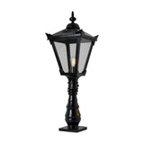 Small Victorian Manor cast iron pedestal post light in black, with a slim ornamented column, lantern-style glass head, single E27 bulb and square base, shown on a plain white background.