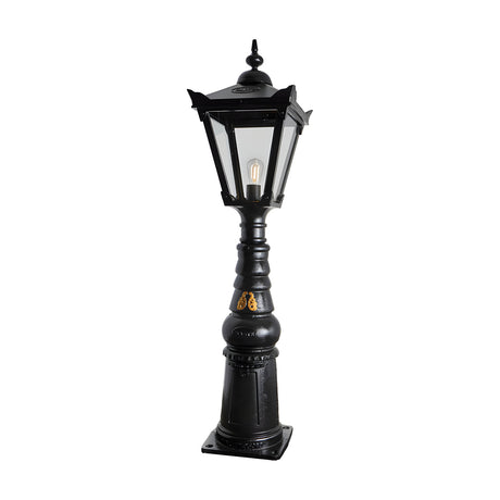 Large Victorian Manor cast iron pedestal post light in black, with a slim column base, hexagonal lantern head, clear glass panels and a single E27 bulb, shown on a plain white background.